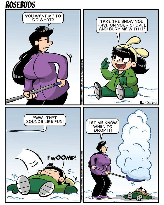 Comic by Deon Parson showing playful sisterhood moments with snow and humor in a winter setting.