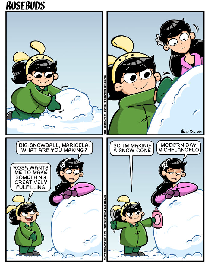 Comic strip illustrating sisterhood by Deon Parson, featuring two girls building a creative snow sculpture together.