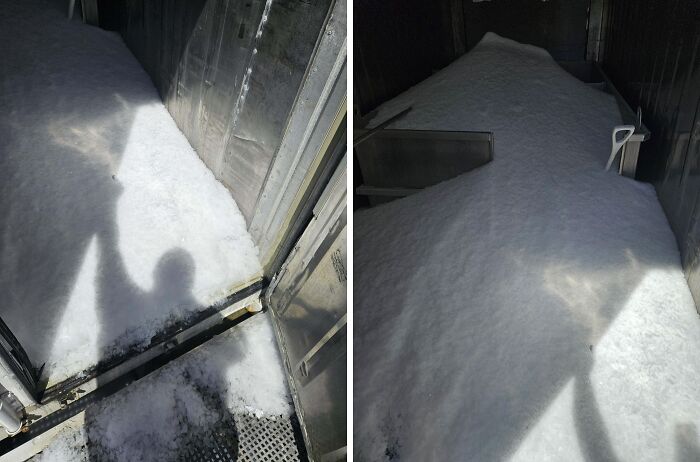 Shadowed person holding a child's hand inside a snow-filled room, illustrating forgotten tasks and funny unfortunate situations.