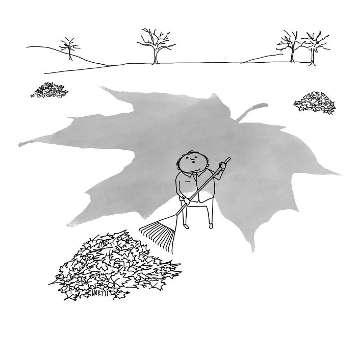 One-panel comic by Rich North showing a man raking leaves that form an exaggerated large shadow shape.