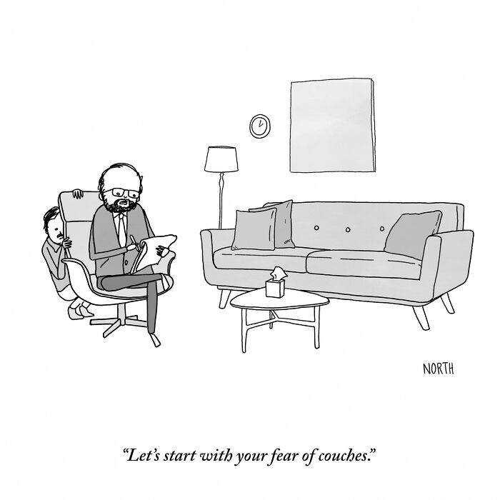 One-panel comic by Rich North depicting a man counseling a child with a fear of couches in a living room.