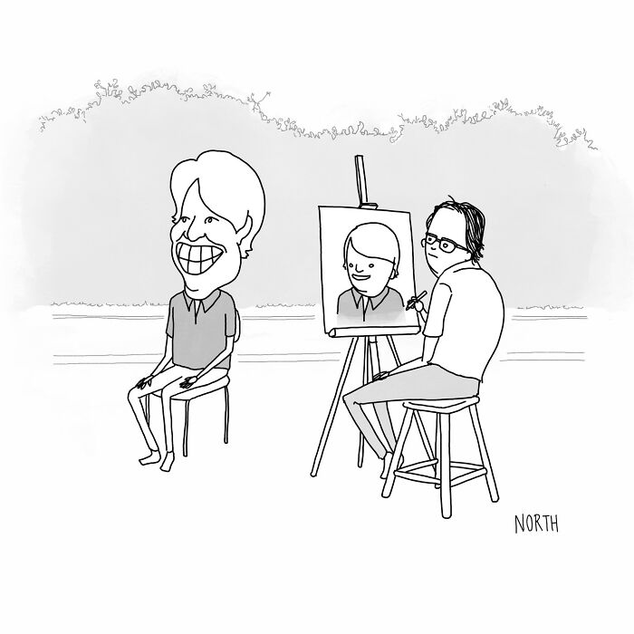 One-panel comic by Rich North showing an artist painting a portrait with a humorous exaggerated smile on the subject.