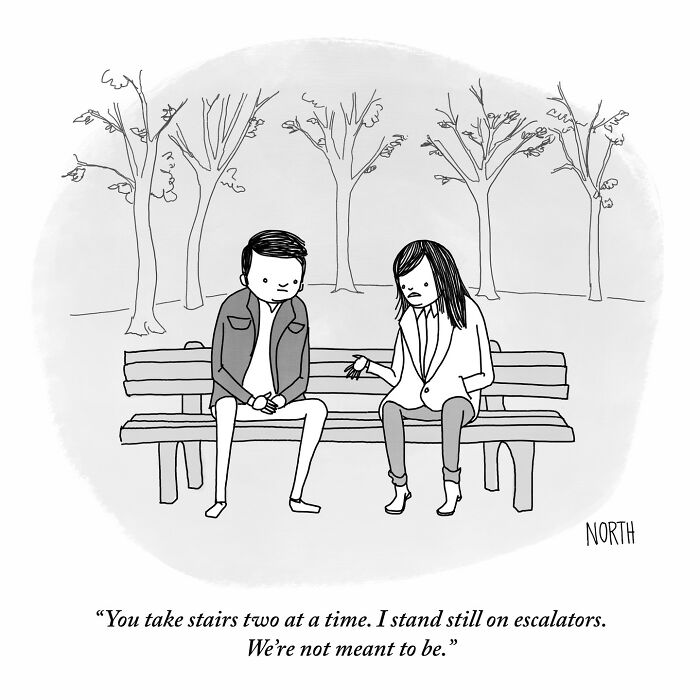Black and white one-panel comic by Rich North showing a couple on a bench sharing a funny, relatable moment in a park.
