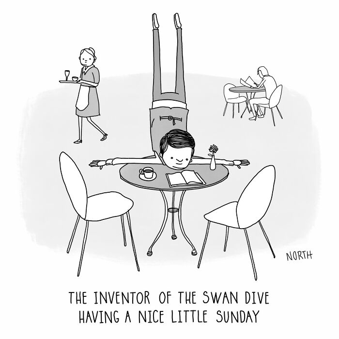 One-panel comic by Rich North showing a man doing a swan dive onto a café table, humorously relatable scene.