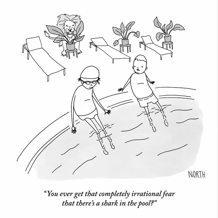 Two kids sitting at the edge of a pool feeling irrational fear of a shark, one-panel comic by Rich North.