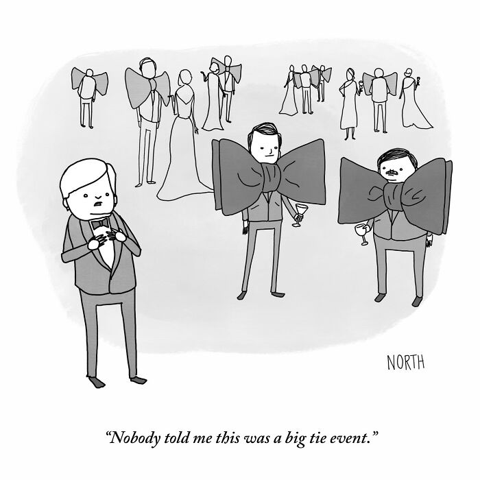 One-panel comic by Rich North showing men at a formal event with exaggerated large bow ties in a humorous scene.