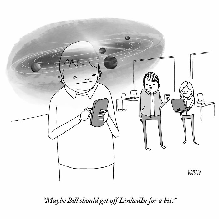 One-panel comic by Rich North showing a person lost in thought while using a phone with planets orbiting their head.