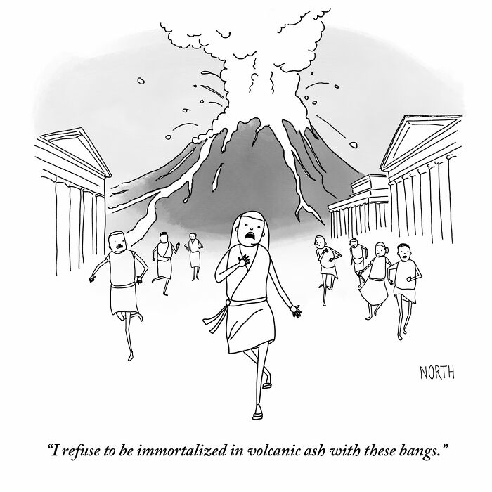 One-panel comic by Rich North showing people running from an erupting volcano in a funny and absurd style.