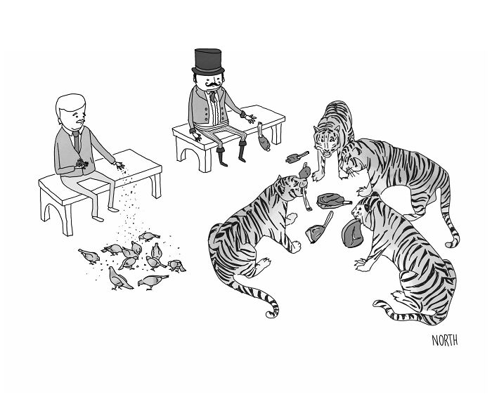 One-panel comic by Rich North showing a man feeding pigeons and a ringmaster feeding tigers in a humorous scene.