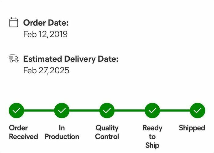 Order tracking timeline showing order received, in production, quality control, ready to ship, and shipped stages with delayed delivery date.