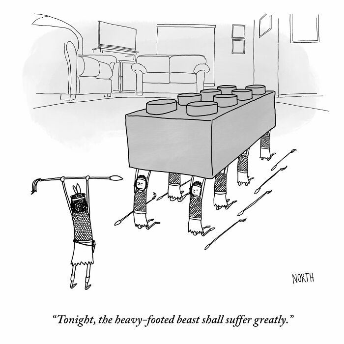 One-panel comic by Rich North showing tiny warriors attacking a giant Lego block in a living room setting.