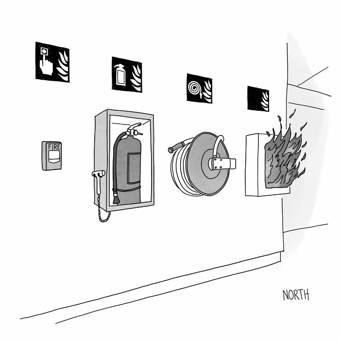 One-panel comic by Rich North showing a fire extinguisher cabinet on fire, capturing funny and relatable absurdity.