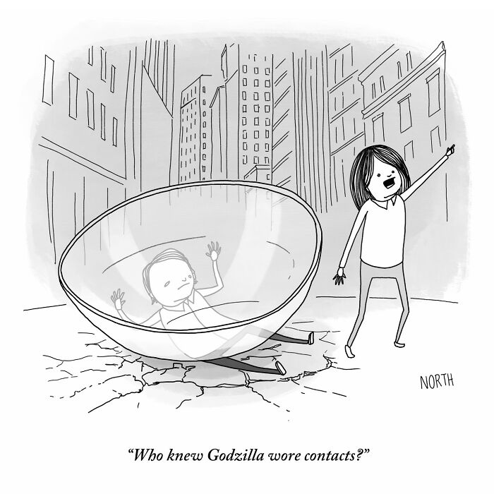 Black and white one-panel comic by Rich North depicting a person trapped under a giant contact lens in a city.