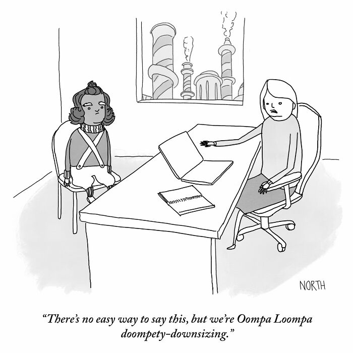 One-panel comic by Rich North showing a downsizing meeting with a humorous and absurd conversation.