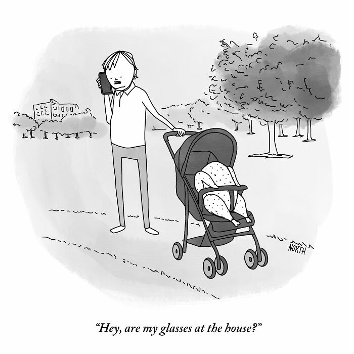 One-panel comic by Rich North showing a person on phone with a stroller, depicting funny and relatable everyday absurdity.