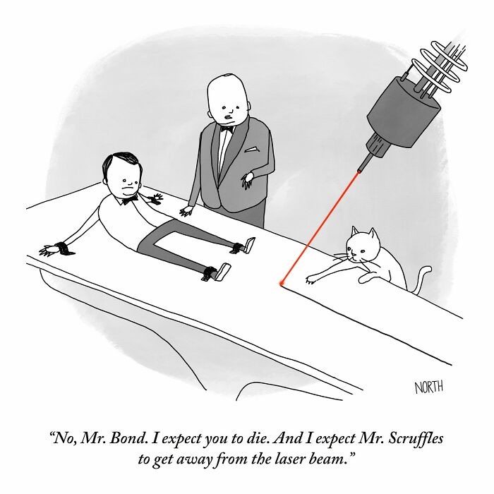 One-panel comic by Rich North showing a man tied up and a cat near a laser beam in a humorous scene.