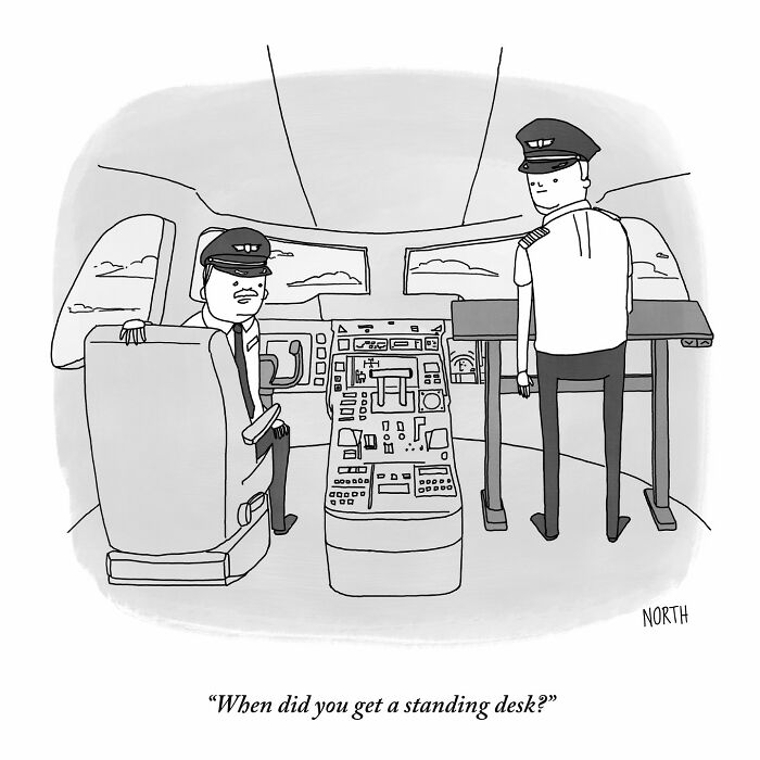 One-panel comic by Rich North shows pilots in cockpit with a standing desk, blending funny and relatable absurdity.