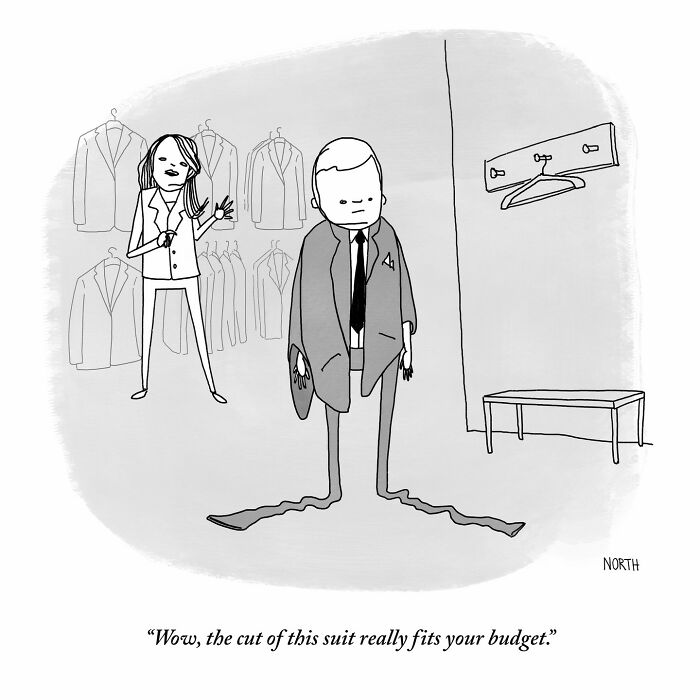 One-panel comic by Rich North showing a man in an ill-fitting suit with exaggeratedly long sleeves and pant legs.