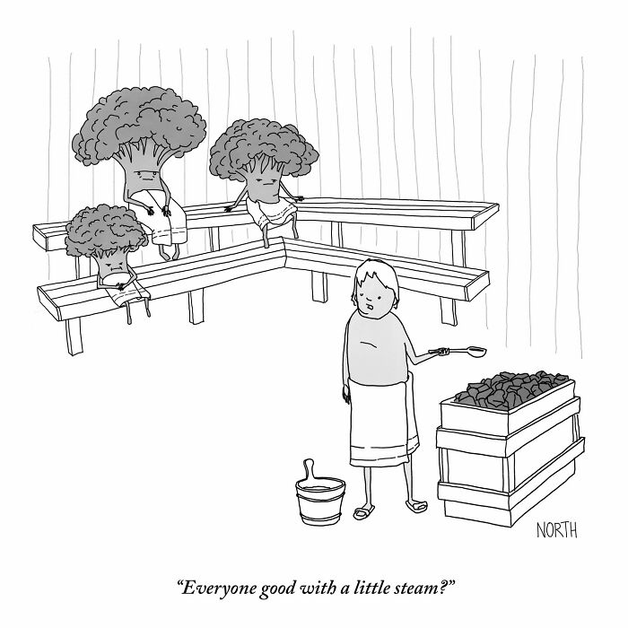 One-panel comic by Rich North showing anthropomorphic broccoli sitting on benches with a person offering steam.