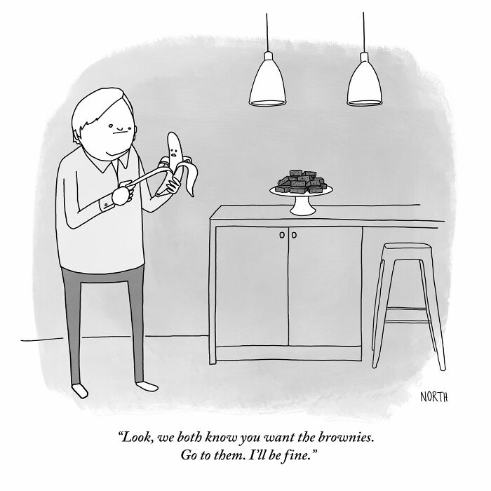 One-panel comic by Rich North showing a man peeling a banana humorously avoiding brownies on table.