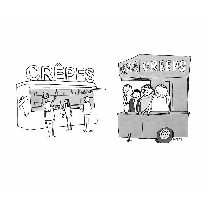 One-panel comic by Rich North showing a humorous contrast between a crepes stand and a stand labeled Creeps with awkward characters.