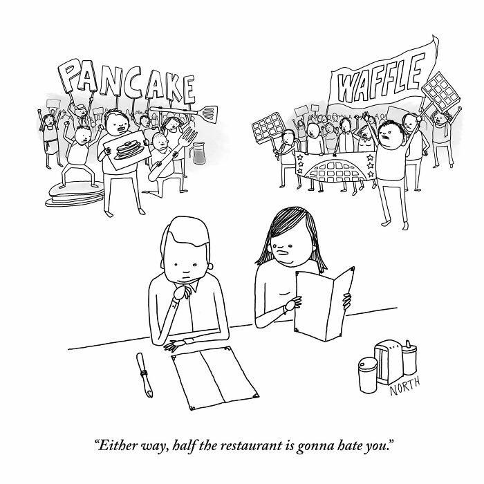 One-panel comic by Rich North showing a couple choosing between pancakes and waffles with crowds cheering each side.