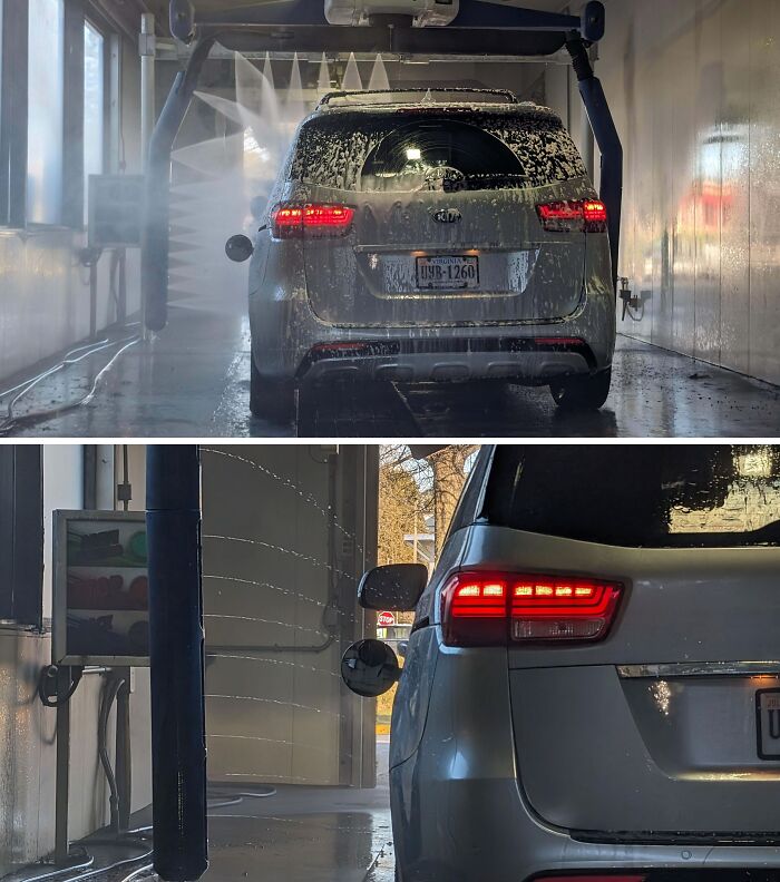 Car going through a car wash with one side spray missing, showing a funny unfortunate situation of forgetting.