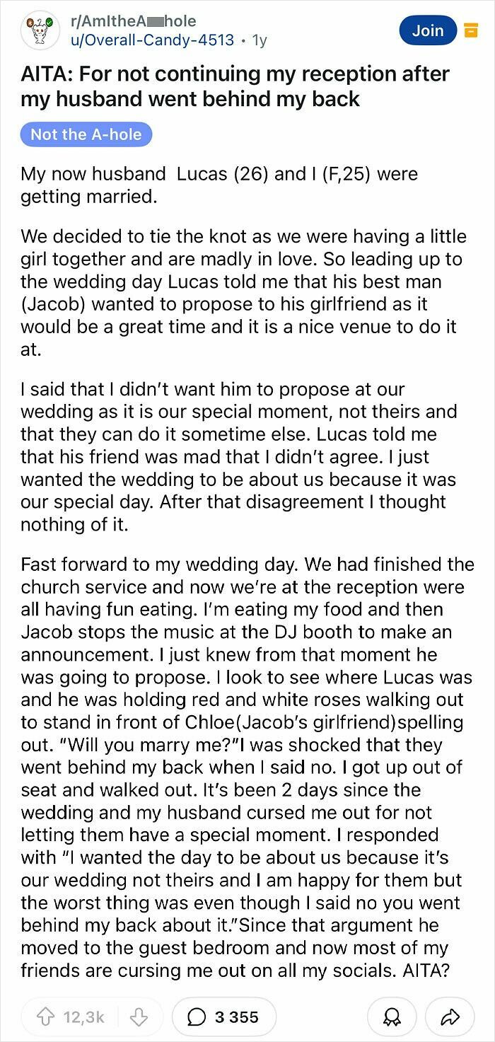 Reddit post showing a groom's entitled behavior by arranging a surprise proposal at their wedding reception.