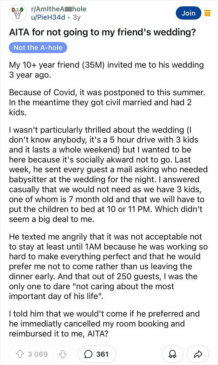Reddit post discussing a groom's entitlement over wedding guest's attendance and babysitting needs.