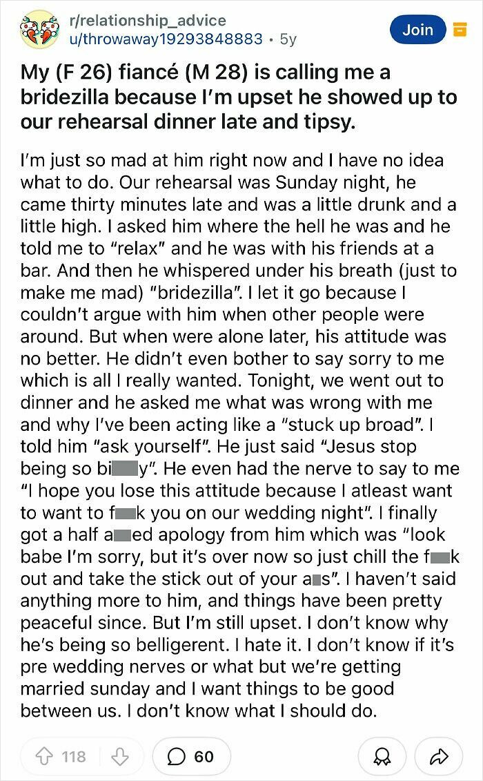 Reddit post from r/relationship_advice showing groom's entitled behavior at rehearsal dinner upsetting his fiancée.