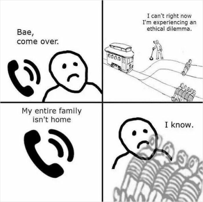 Minimalist meme depicting a phone call and trolley problem, illustrating relatable nihilism and ethical dilemma humor.