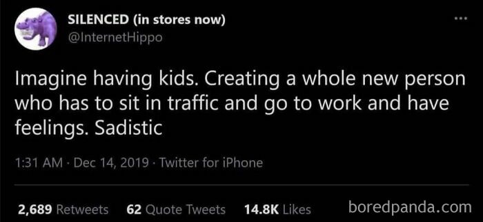 Tweet from InternetHippo humorously describing nihilism about having kids, traffic, work, and feelings in relatable memes.