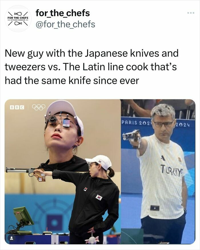 Chef memes comparing precision with Japanese knives and traditional Latin line cook knives humor in a cooking environment.