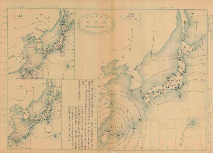 Historic weather chart showing pressure systems related to natural disasters impacting Japan in the last century.