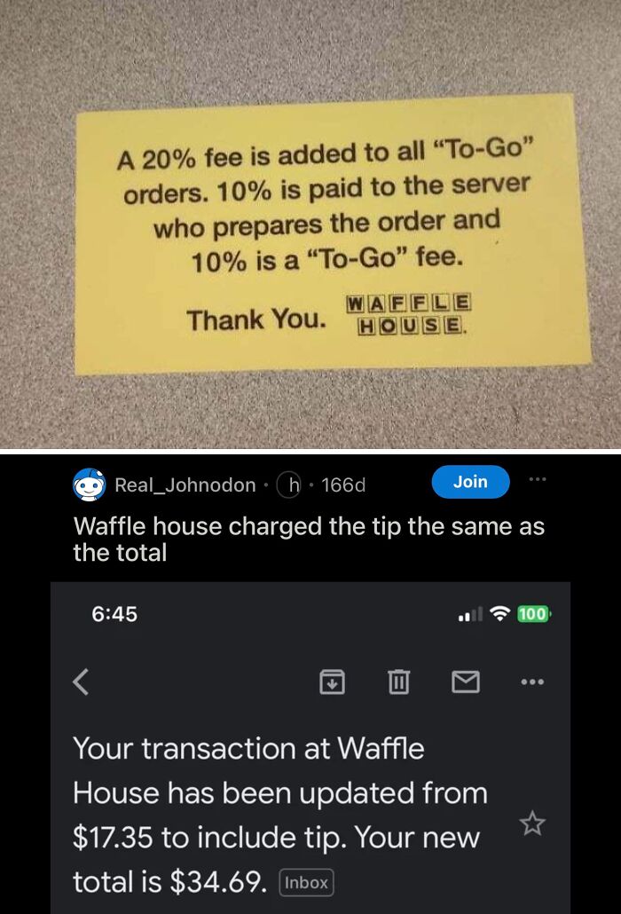 Waffle House ridiculous to-go fees adding 20 percent total charge including tip, causing outrage and customer frustration.