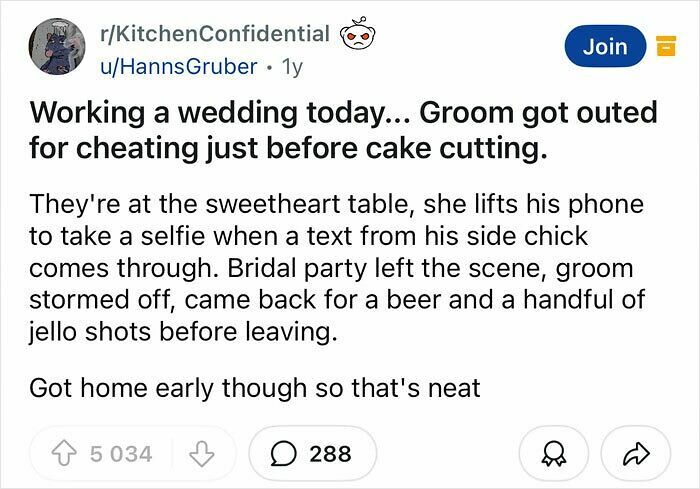 Screenshot of a Reddit post revealing a groom exposed for cheating before cake cutting at a wedding.