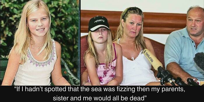 Girl and family sharing unusual and cool world facts about a life-saving sea observation at a press event.