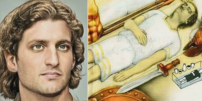 Realistic portrait of a man with curly hair next to an illustration of a medieval knight lying on a shield, unusual world facts concept.