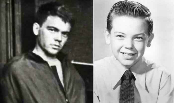 Side-by-side black and white photos of a young man and boy styled in mid-20th century fashion, illustrating unusual world facts.