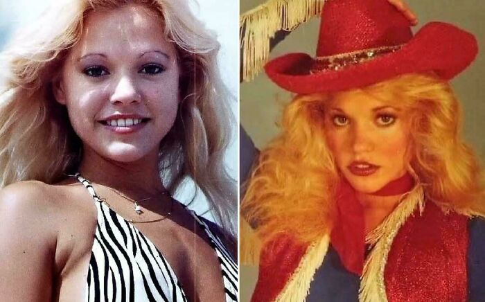 Side-by-side photos of a young woman with long blonde hair showcasing unusual and cool world facts style and fashion.