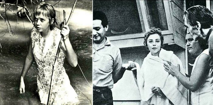 Black and white photo collage showing a woman crossing water and a group of people interacting, illustrating unusual and cool world facts.