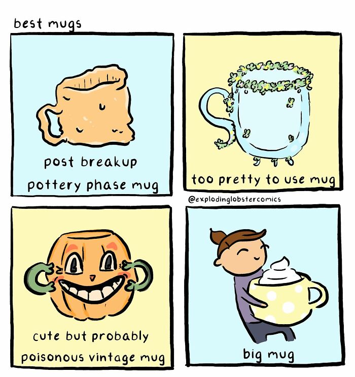 Comic illustration by artist showing silly, honest mugs with quirky designs, capturing a little too real emotions and humor.