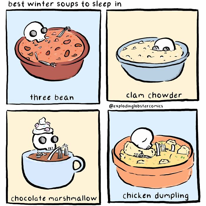 Comic featuring a skeleton character humorously enjoying different winter soups in a quirky, honest, and relatable style.