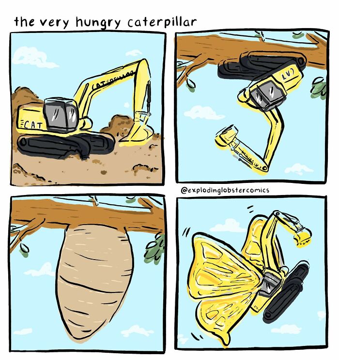 Cartoon showing a silly and honest transformation of an excavator into a butterfly in a comic style.