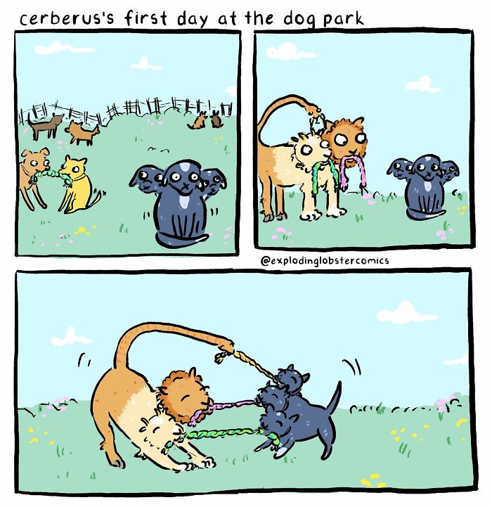 Three-panel comic by artist showing Cerberus with three dog heads playing tug-of-war at dog park, silly and honest humor.