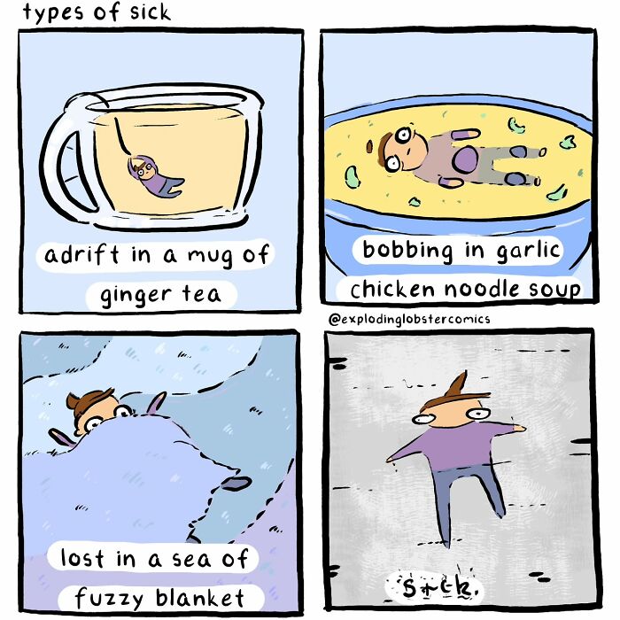 Comic panels showing different types of being sick, illustrating silly and honest moments in relatable comics by an artist.