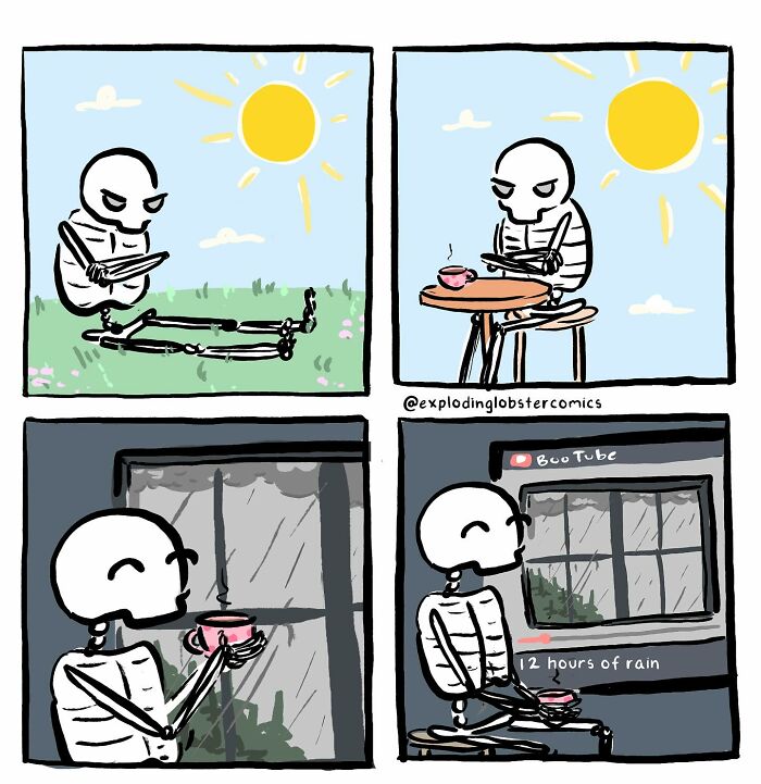 Skeleton character enjoying sun and rain in a comic strip illustrating silly and honest moments by the artist.