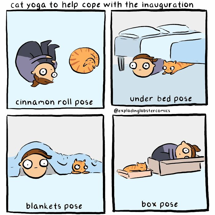 Comic showing silly and honest cat yoga poses with a person and cat coping in relatable, slightly too real situations.