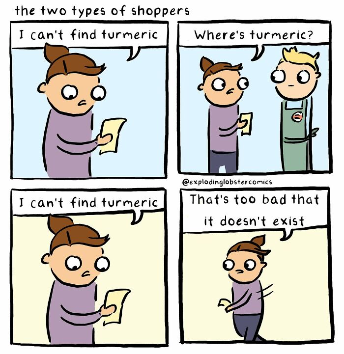Comic strip by artist showing two types of shoppers with silly and honest reactions about finding turmeric in a store.