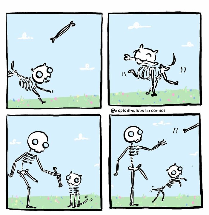 Comic strip featuring a skeleton and a cat playing with a bone, illustrating silly and honest moments in comics by this artist.